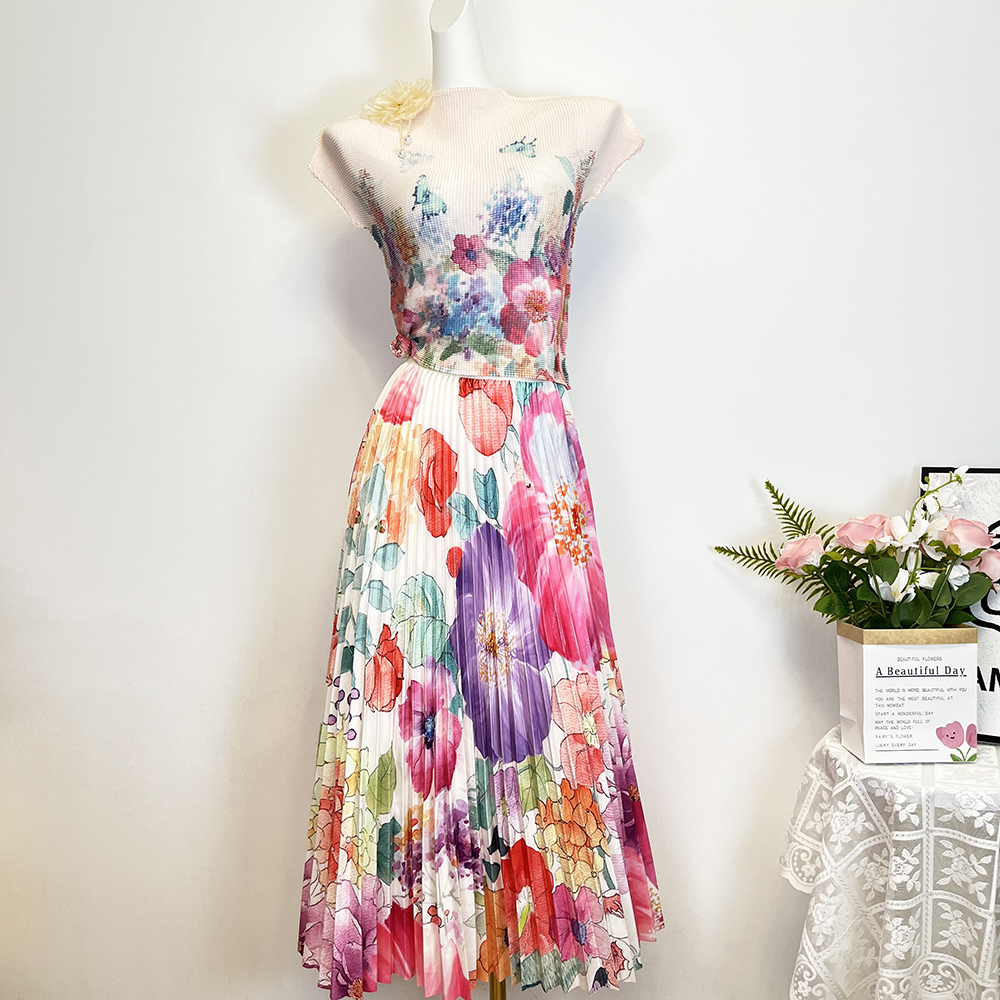 Fold colors stereoscopic summer all-match long dress a set