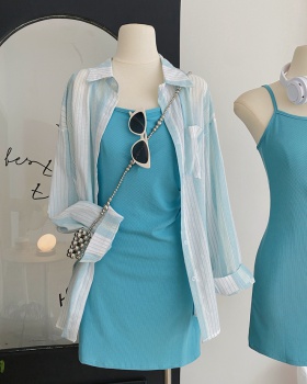 Thin blue strap dress stripe cardigan for women