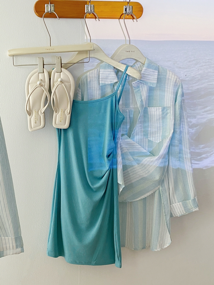 Thin blue strap dress stripe cardigan for women