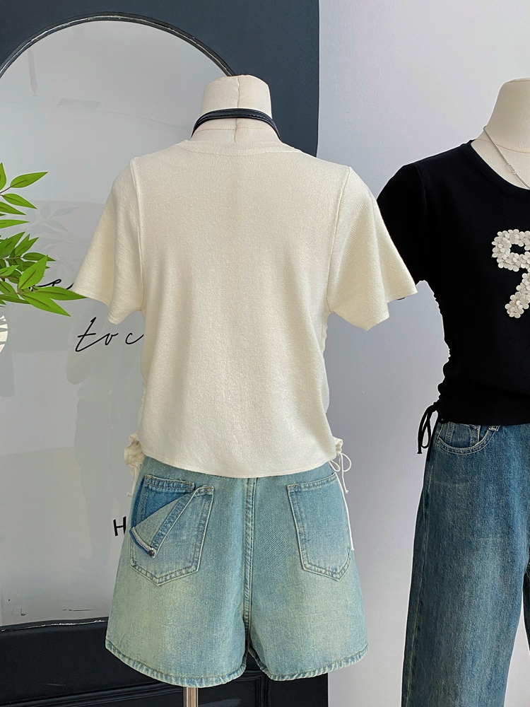 Pinched waist drawstring Korean style T-shirt for women