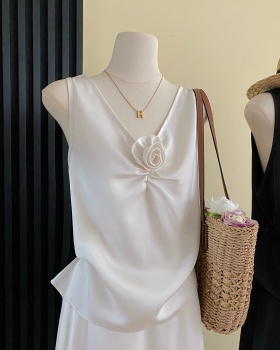 Summer imitation silk tops V-neck skirt a set