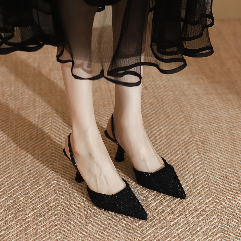 Black spring shoes France style fine-root high-heeled shoes
