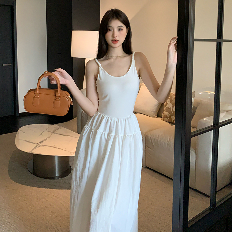 Pinched waist summer long dress sling dress for women