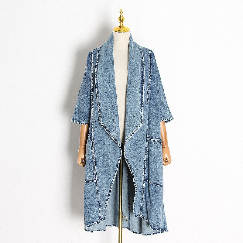 All-match long personality windbreaker blue denim coat