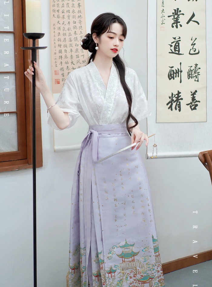 V-neck a slice long skirt Chinese style horse-face skirt