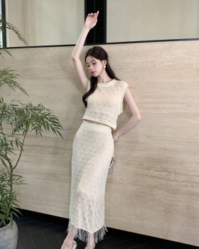 Korean style show young tops hollow fashion skirt 2pcs set