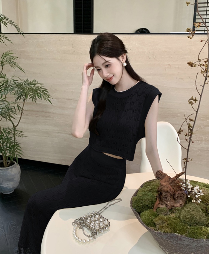 Korean style show young tops hollow fashion skirt 2pcs set