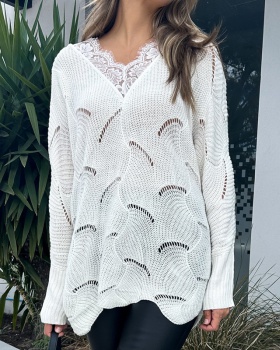 Long white lace European style autumn splice sweater