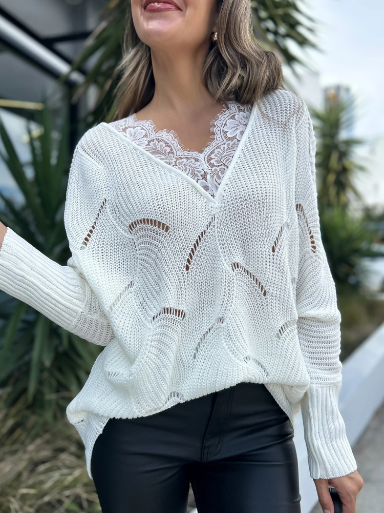Long white lace European style autumn splice sweater