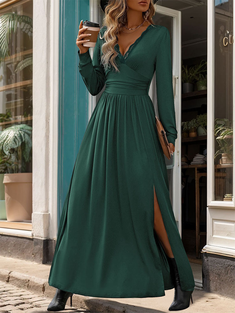 Slim split pure autumn European style dress for women