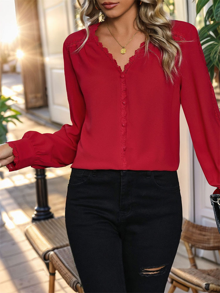 Autumn European style long sleeve red Casual shirt for women