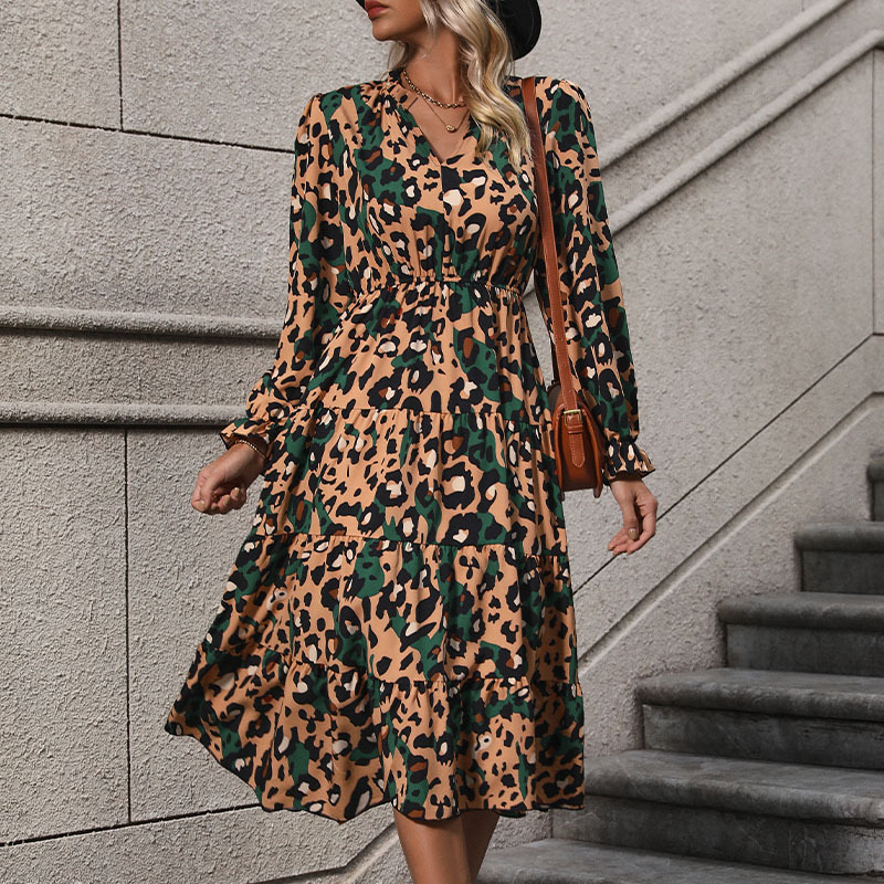 Autumn long sleeve leopard long dress for women