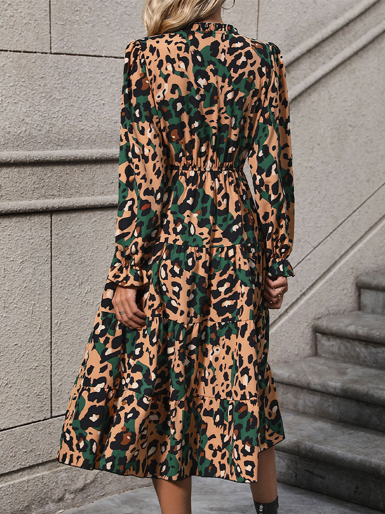 Autumn long sleeve leopard long dress for women