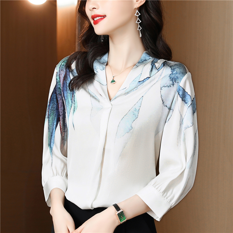Printing short sleeve shirt silk light luxury tops for women