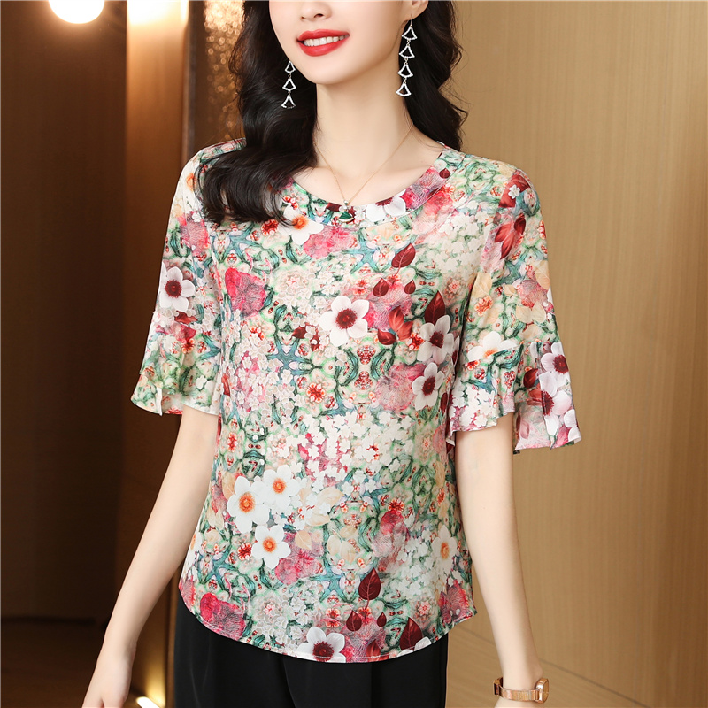 Real silk silk floral shirt short sleeve summer tops