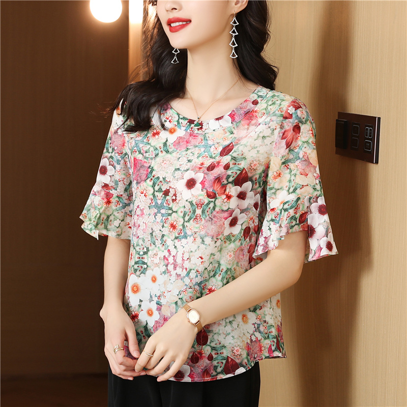 Real silk silk floral shirt short sleeve summer tops