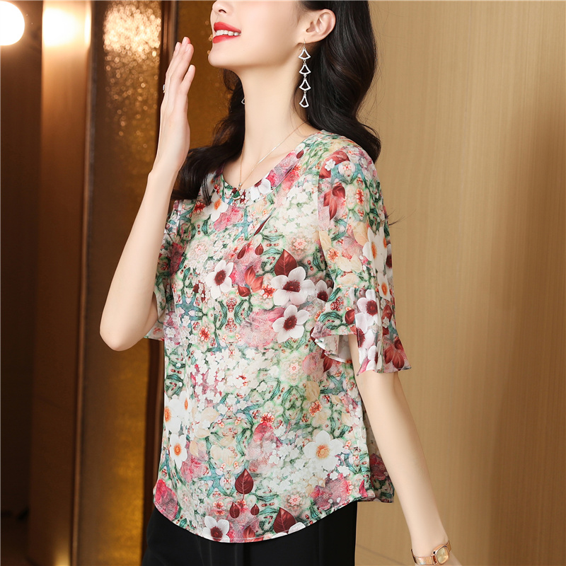 Real silk silk floral shirt short sleeve summer tops