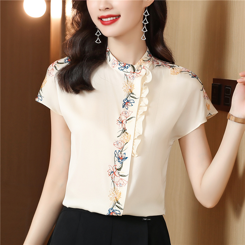 Show young real silk shirt printing summer tops for women