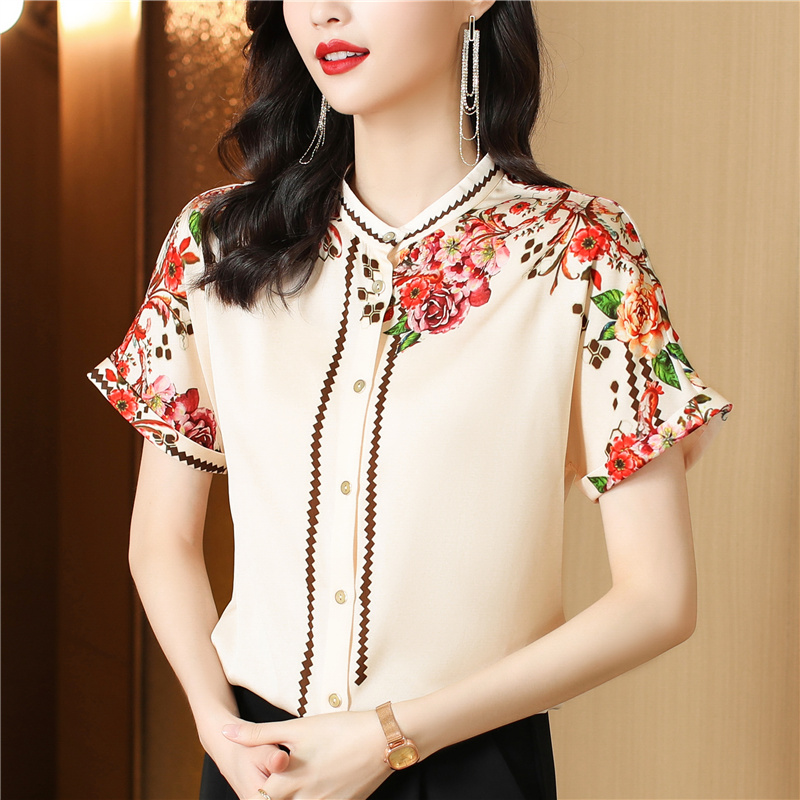 Short sleeve silk shirt middle-aged tops for women