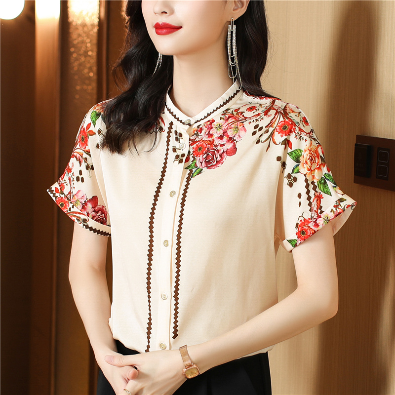Short sleeve silk shirt middle-aged tops for women