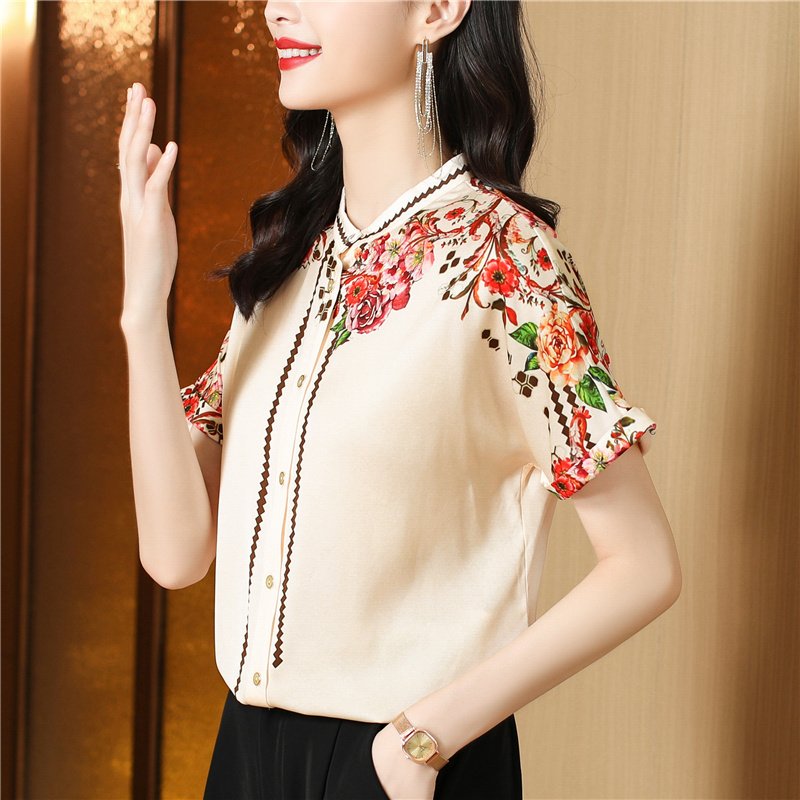 Short sleeve silk shirt middle-aged tops for women
