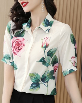 Real silk printing tops silk rose shirt for women
