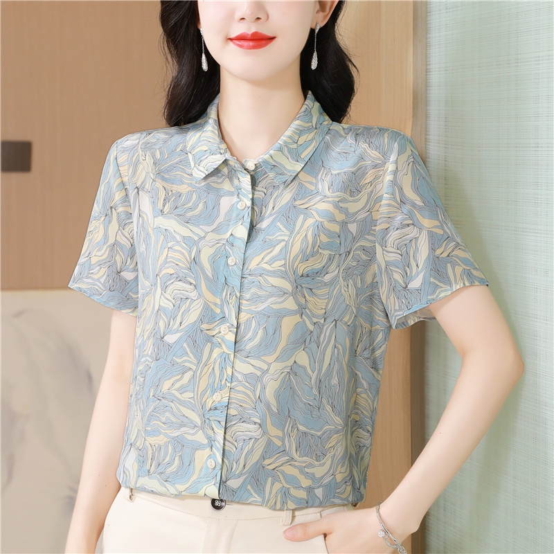 Silk art painting shirt summer short sleeve tops for women