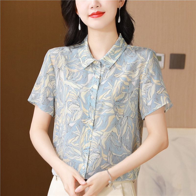 Silk art painting shirt summer short sleeve tops for women