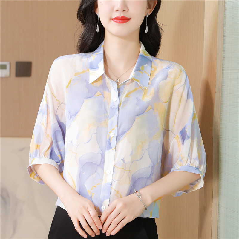 Silk summer real silk small shirt loose short sleeve tops
