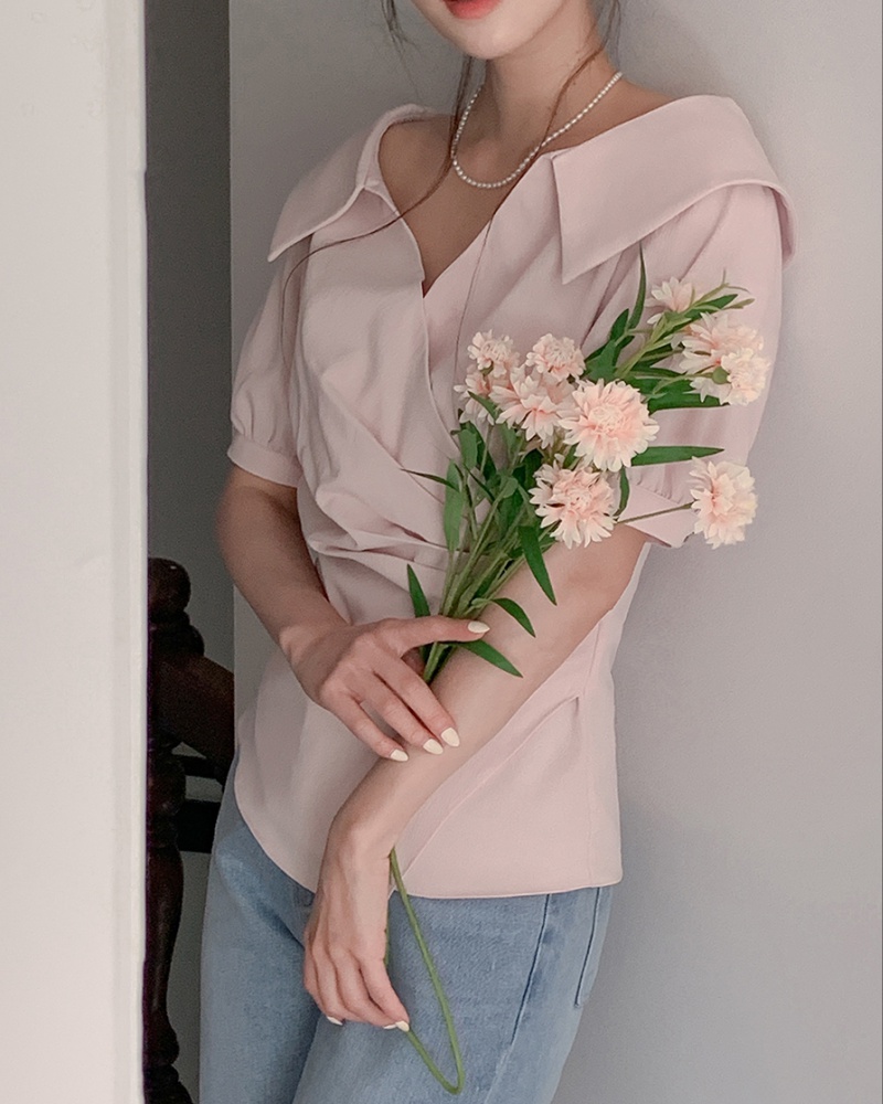 Summer France style simple tops V-neck cross folds shirt