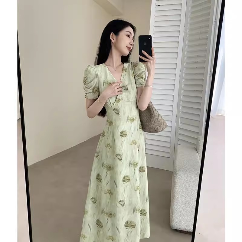 V-neck floral dress tender France style long dress for women