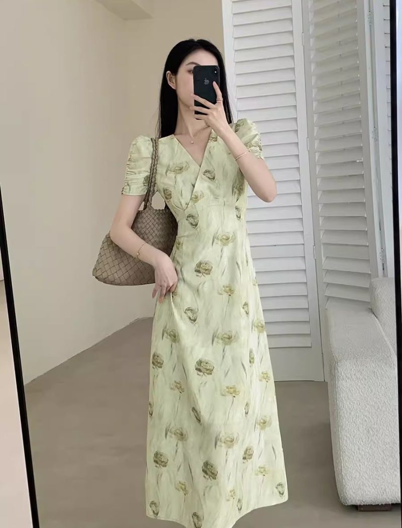 V-neck floral dress tender France style long dress for women