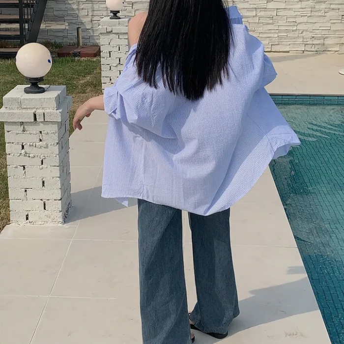 Sunscreen stripe retro tops Korean style large yard blue shirt