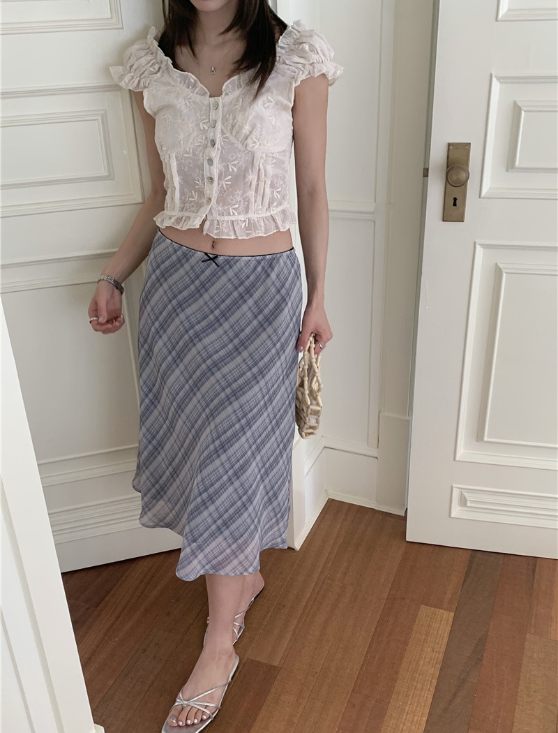 Short sweet enticement tops lace plaid chiffon skirt a set