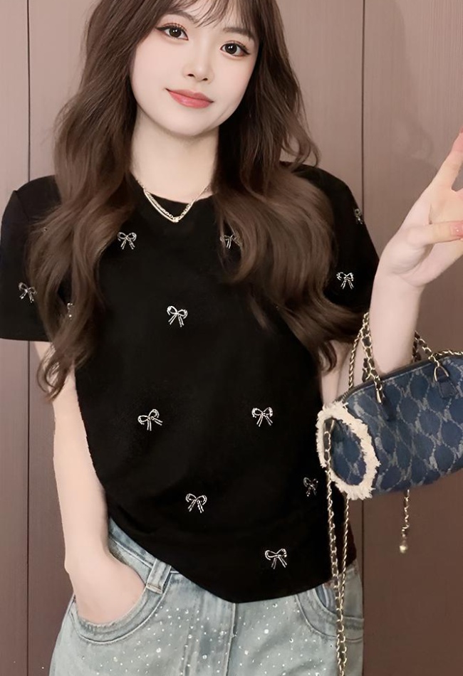 Short sleeve bow T-shirt Korean style tops for women