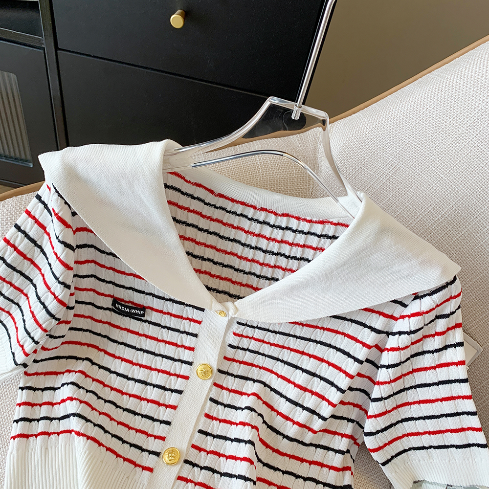 Navy collar stripe summer sweater short sleeve lapel tops