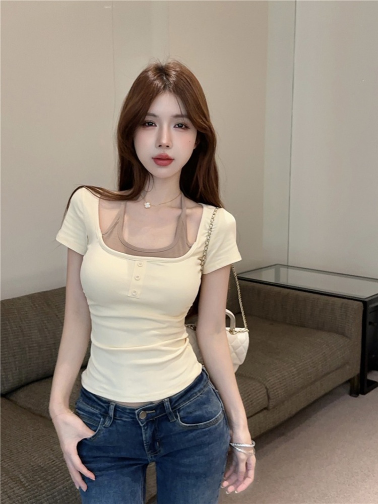 Slim short tops American style Pseudo-two T-shirt for women