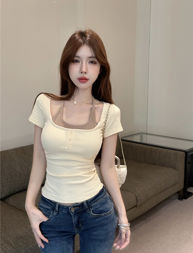 Slim short tops American style Pseudo-two T-shirt for women
