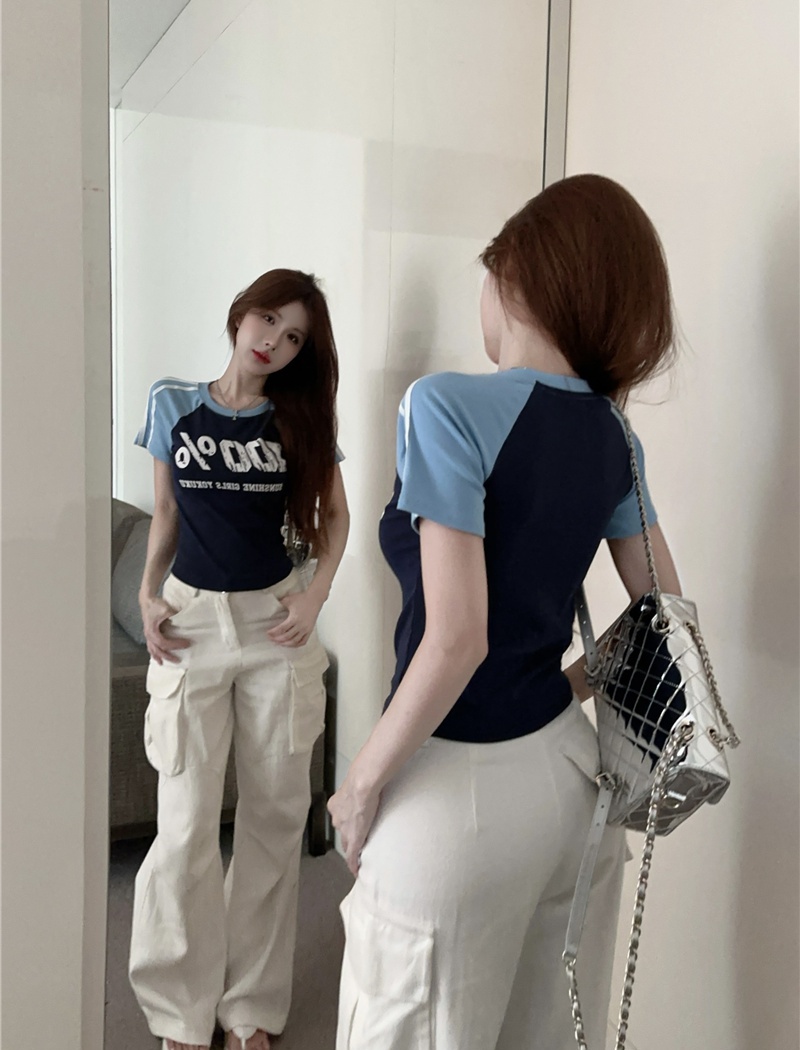 Splice slim T-shirt American style tops for women