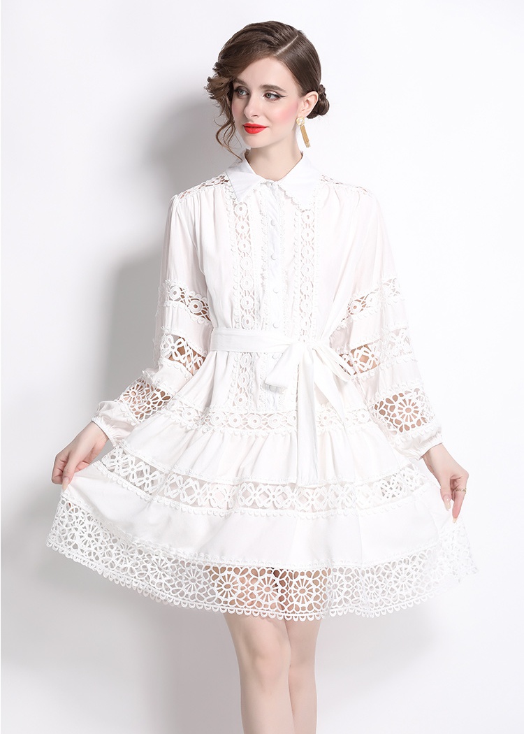 France style long sleeve lantern shirt collar lace dress
