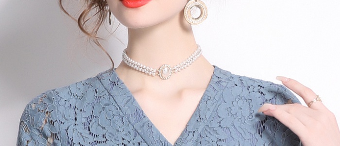 Pinched waist lace frenum gauze single-breasted V-neck dress