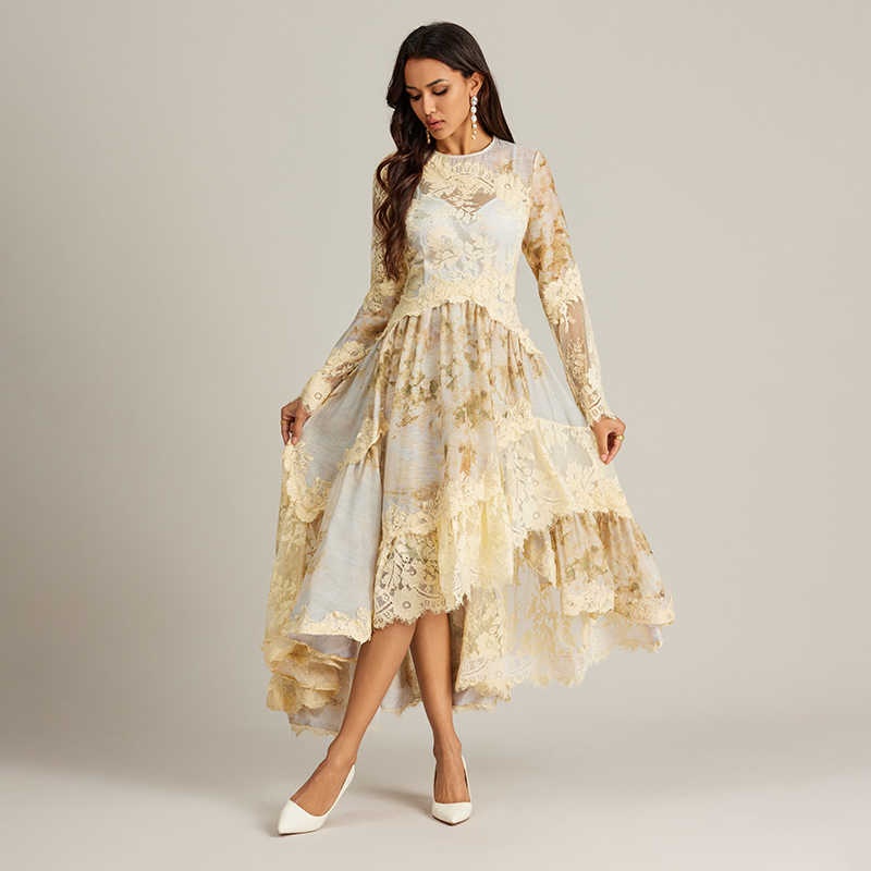Retro court style printing long dress lace France style dress