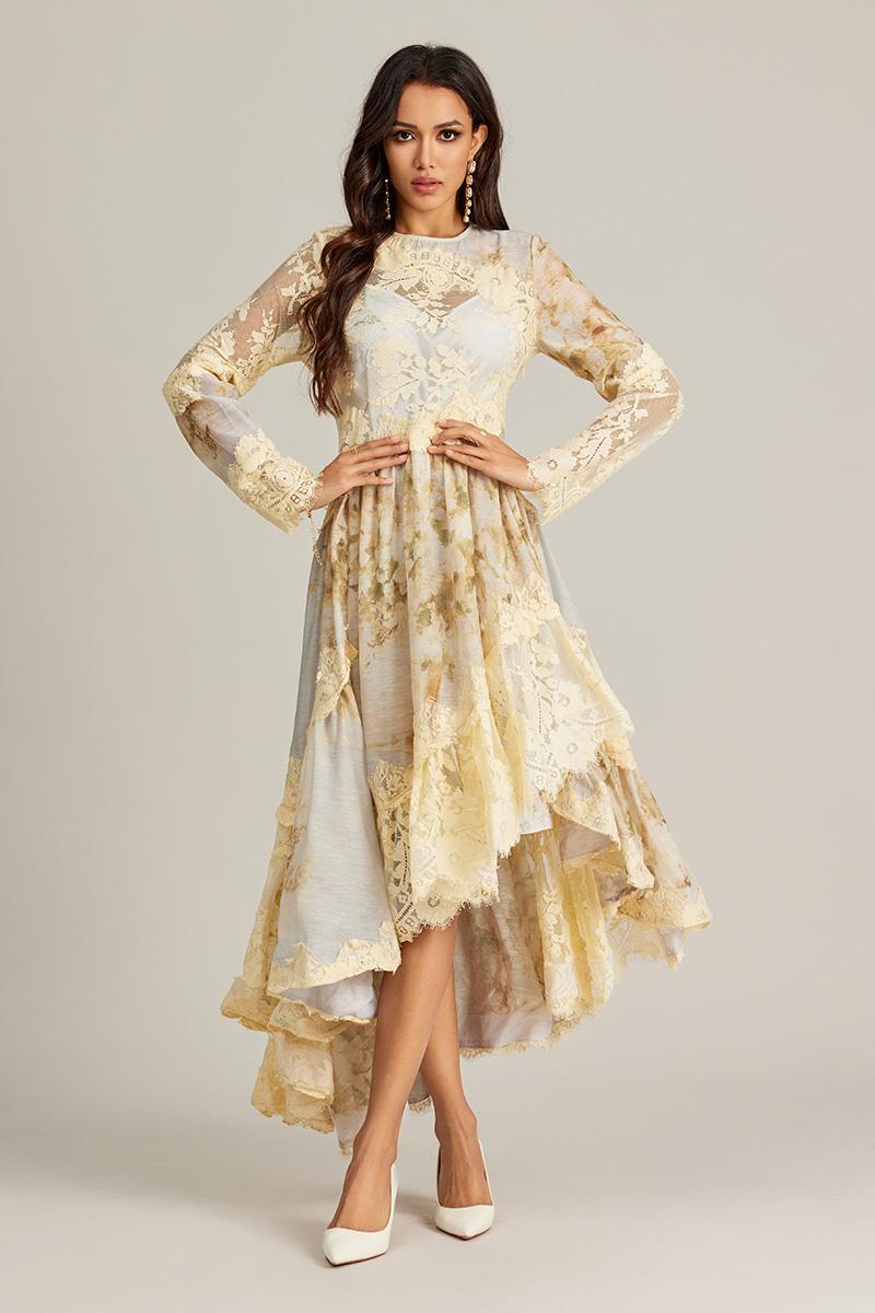 Retro court style printing long dress lace France style dress