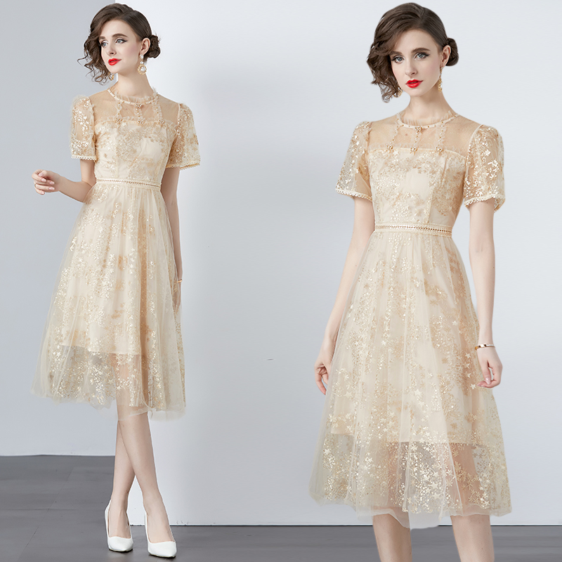 Sequins gauze hollow embroidered ribbon dress