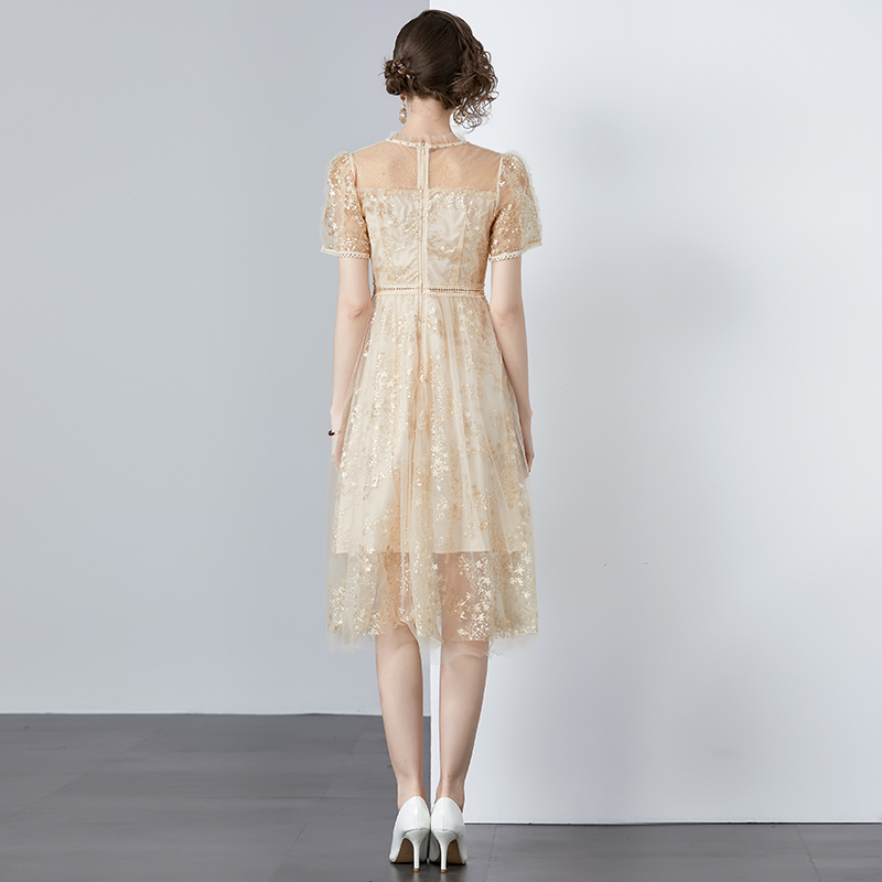 Sequins gauze hollow embroidered ribbon dress