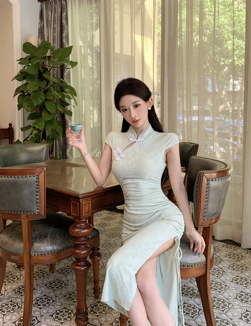 Short sleeve slim summer cheongsam long retro elegant dress