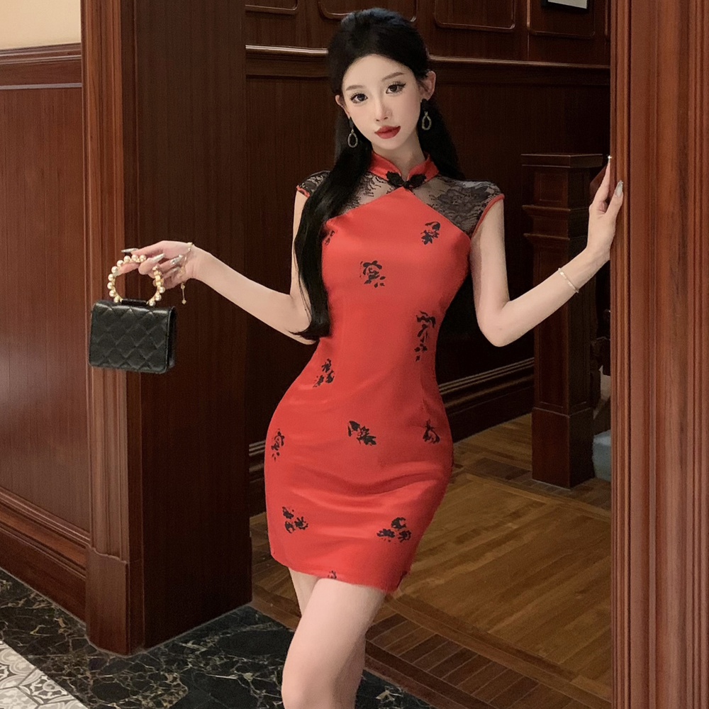 Stitching summer sleeveless cheongsam retro lace dress