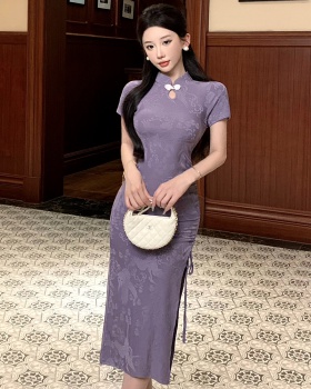 Short sleeve Chinese style tight cheongsam elegant long dress