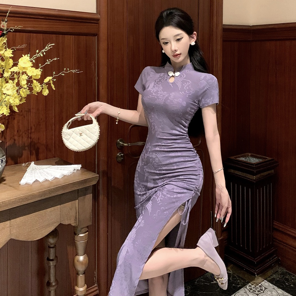 Short sleeve Chinese style tight cheongsam elegant long dress