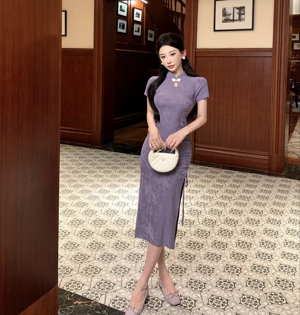 Short sleeve Chinese style tight cheongsam elegant long dress